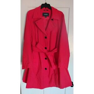 Lands' End Coral Red Trench Coat Women's Belted Pockets sz 3X Classic Statement